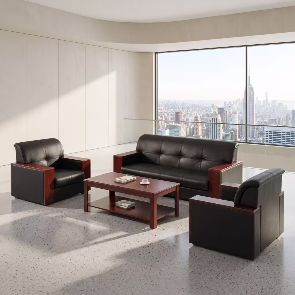 5 Seater Executive Sofa Set consisting of a black button-tufted leather 3-seater sofa and two matching single armchairs with polished chrome legs.