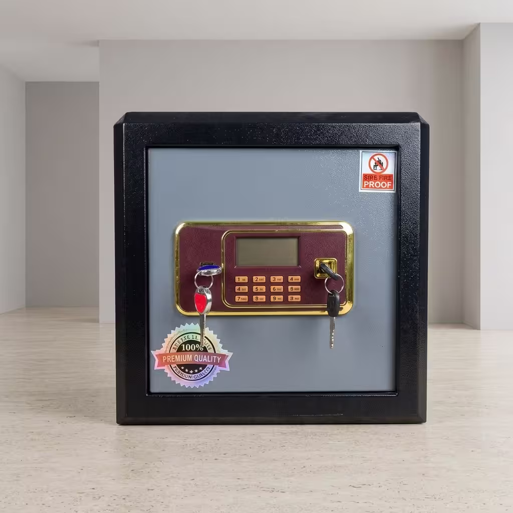 45KG Fireproof Digital Home Safe featuring a heavy-duty matte black solid steel frame, an illuminated digital electronic keypad with a handle, and thick interior locking bolts