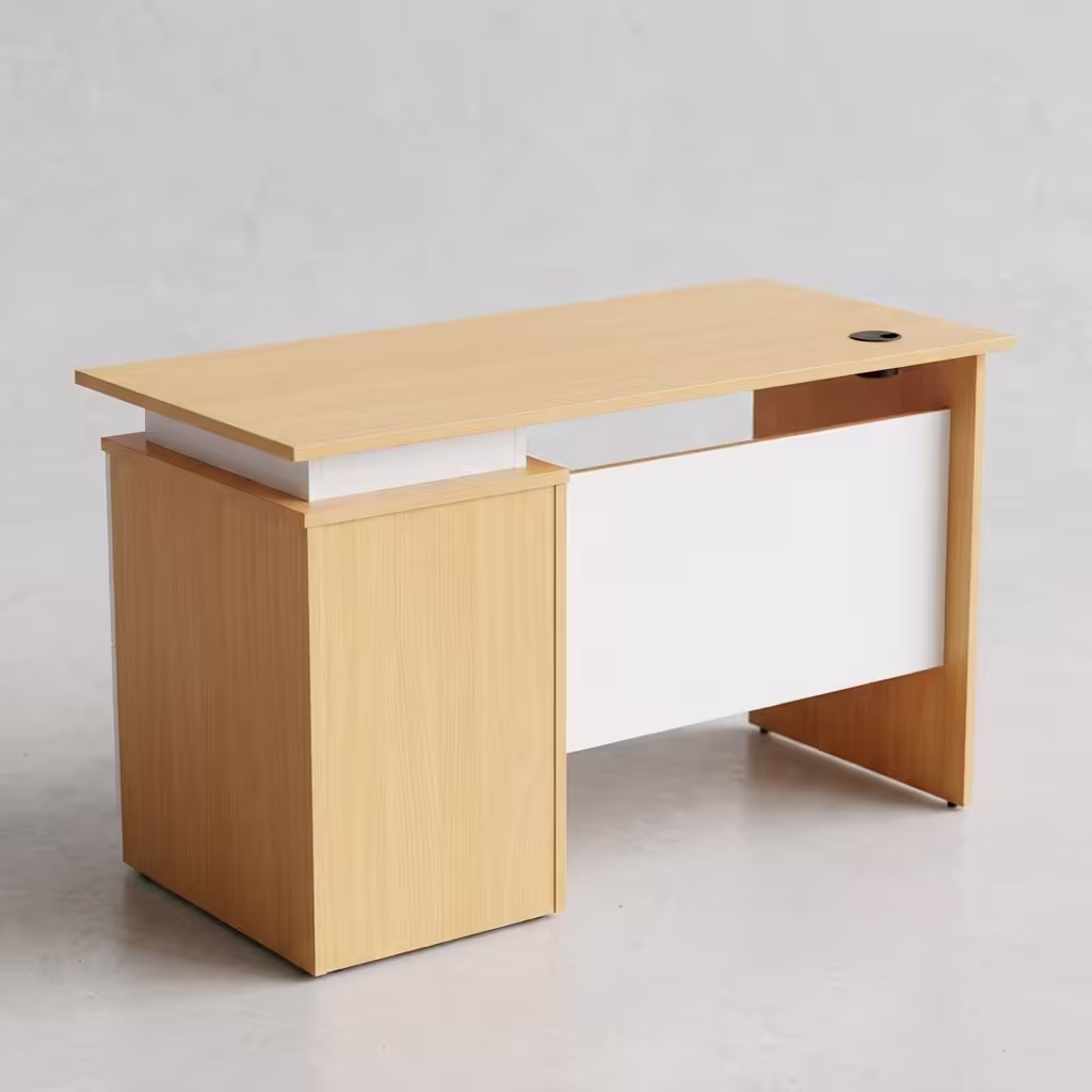 1.2M Modern Wood Office Desk featuring a thick walnut wood grain floating tabletop, an integrated charcoal grey side storage pedestal, and a grey modesty panel with horizontal gold accent stripes.