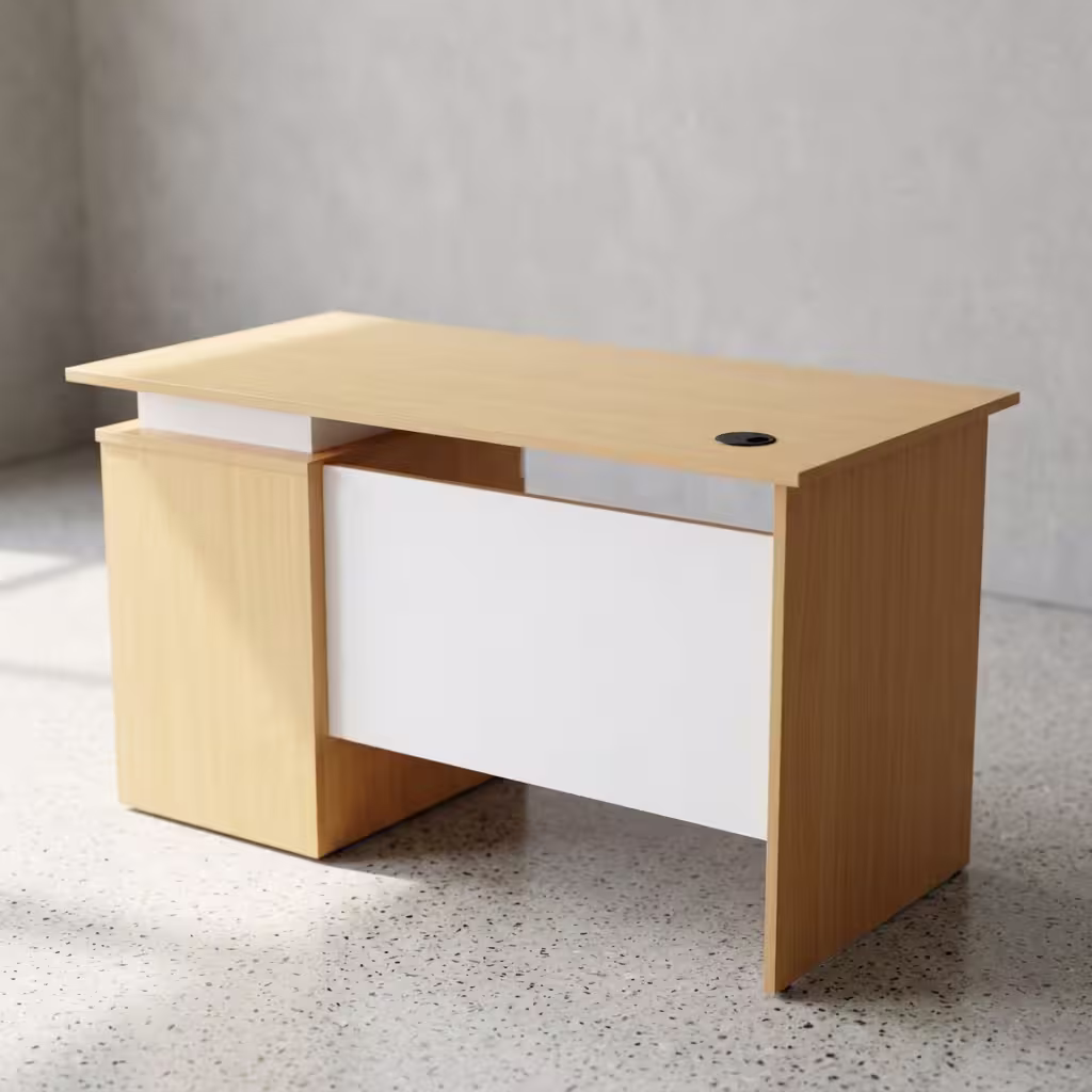1.2M Modern Wood Office Desk featuring a thick walnut wood grain floating tabletop, an integrated charcoal grey side storage pedestal, and a grey modesty panel with horizontal gold accent stripes.