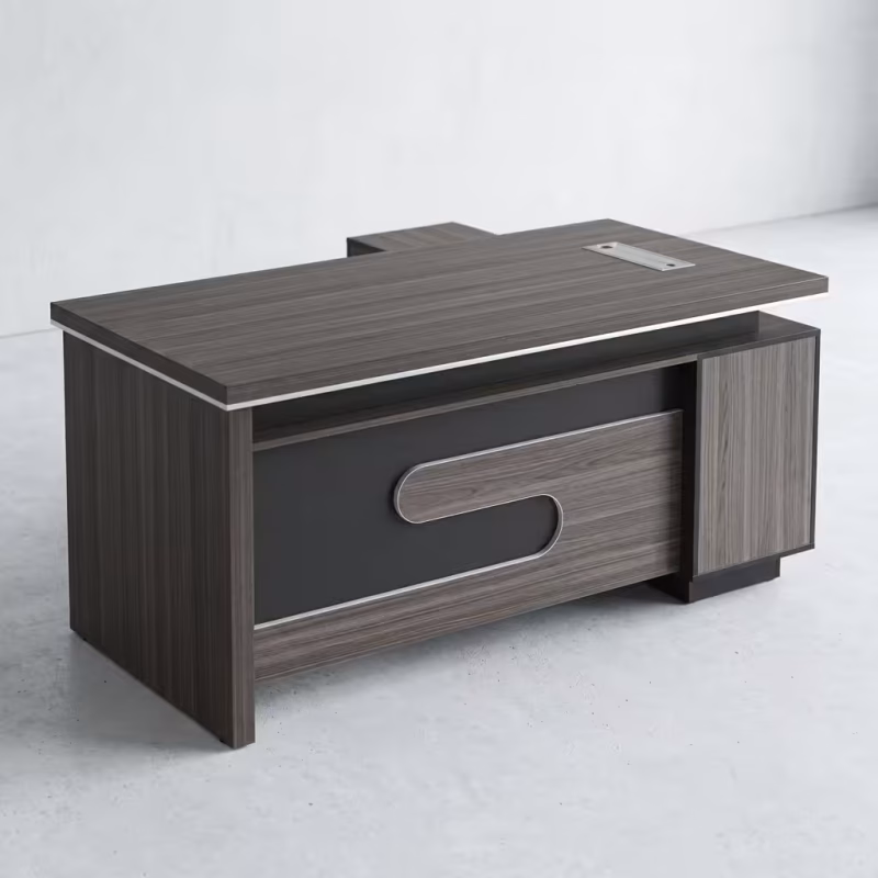 1.6M Modern Executive Office Desk featuring a sleek, minimalist natural wood-grain 1.6-meter top surface, supported by a matte black geometric steel frame and a matching side return cabinet