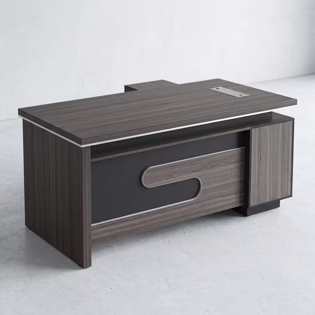 1.6M Modern Executive Office Desk featuring a sleek, minimalist natural wood-grain 1.6-meter top surface, supported by a matte black geometric steel frame and a matching side return cabinet
