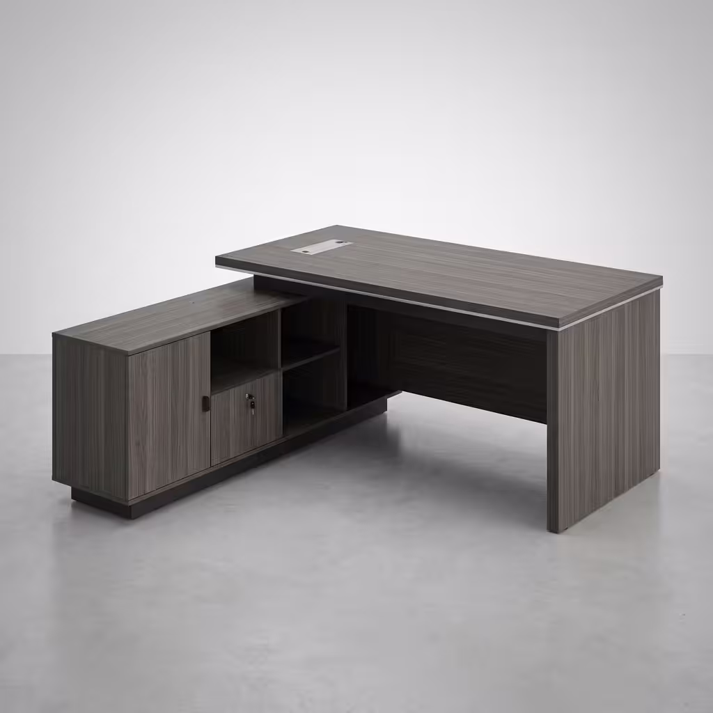 1.6M Modern Executive Office Desk featuring a sleek, minimalist natural wood-grain 1.6-meter top surface, supported by a matte black geometric steel frame and a matching side return cabinet