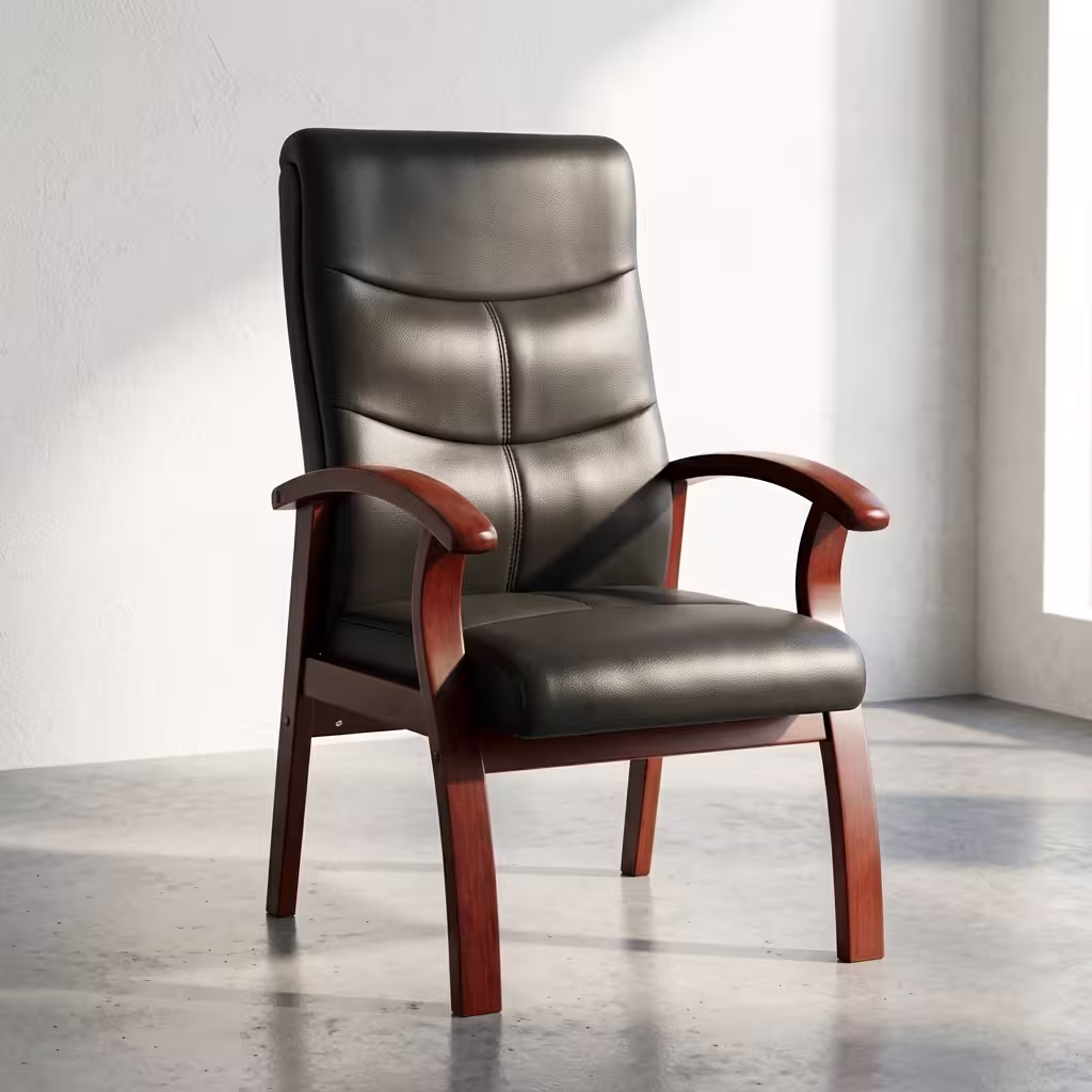 Black Leather Office Guest Chair featuring a low-back rest with horizontal linear stitching, matching black padded armrest covers, and a polished chrome sled base frame.