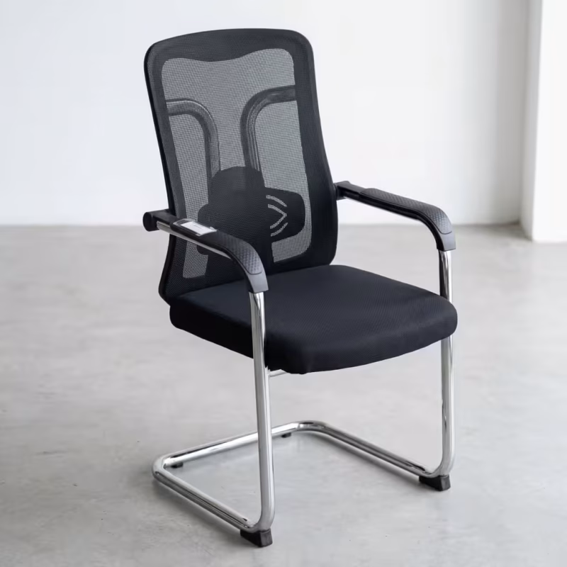 Black Mesh Cantilever Office Chair featuring a high-tension mesh backrest, fabric padded seat, and a sleek, looping chrome steel sled base.