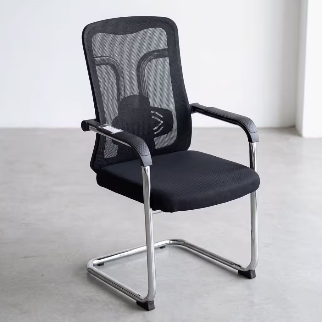 Black Mesh Cantilever Office Chair featuring a high-tension mesh backrest, fabric padded seat, and a sleek, looping chrome steel sled base.