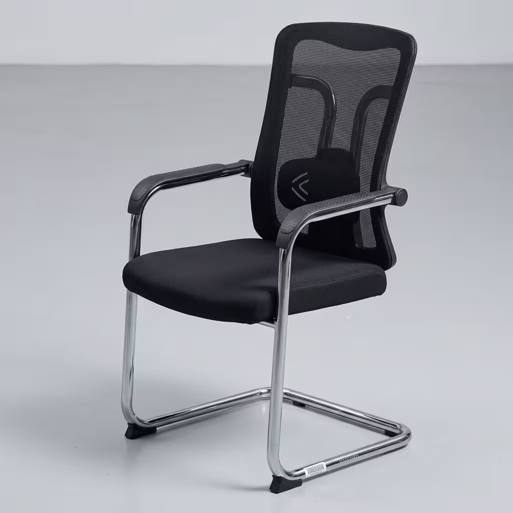 Black Mesh Cantilever Office Chair featuring a high-tension mesh backrest, fabric padded seat, and a sleek, looping chrome steel sled base.