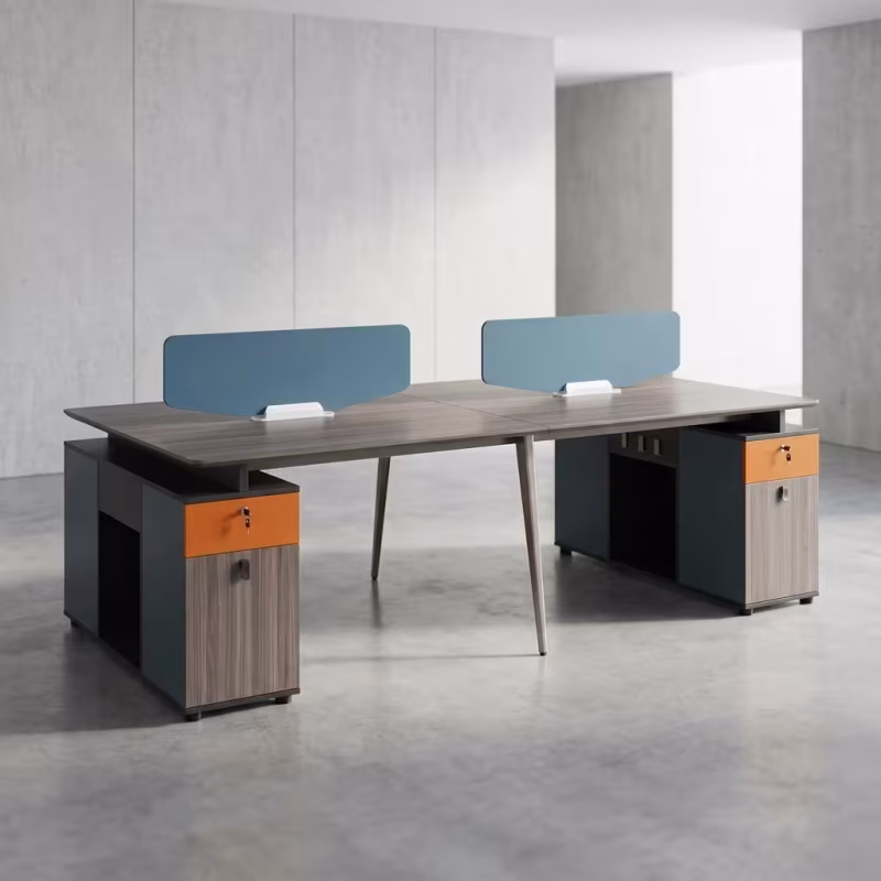 4 Way Modern Workstation featuring a 4-person desk configuration with wood grain finish tabletops, fabric privacy panels, and a central steel leg frame.