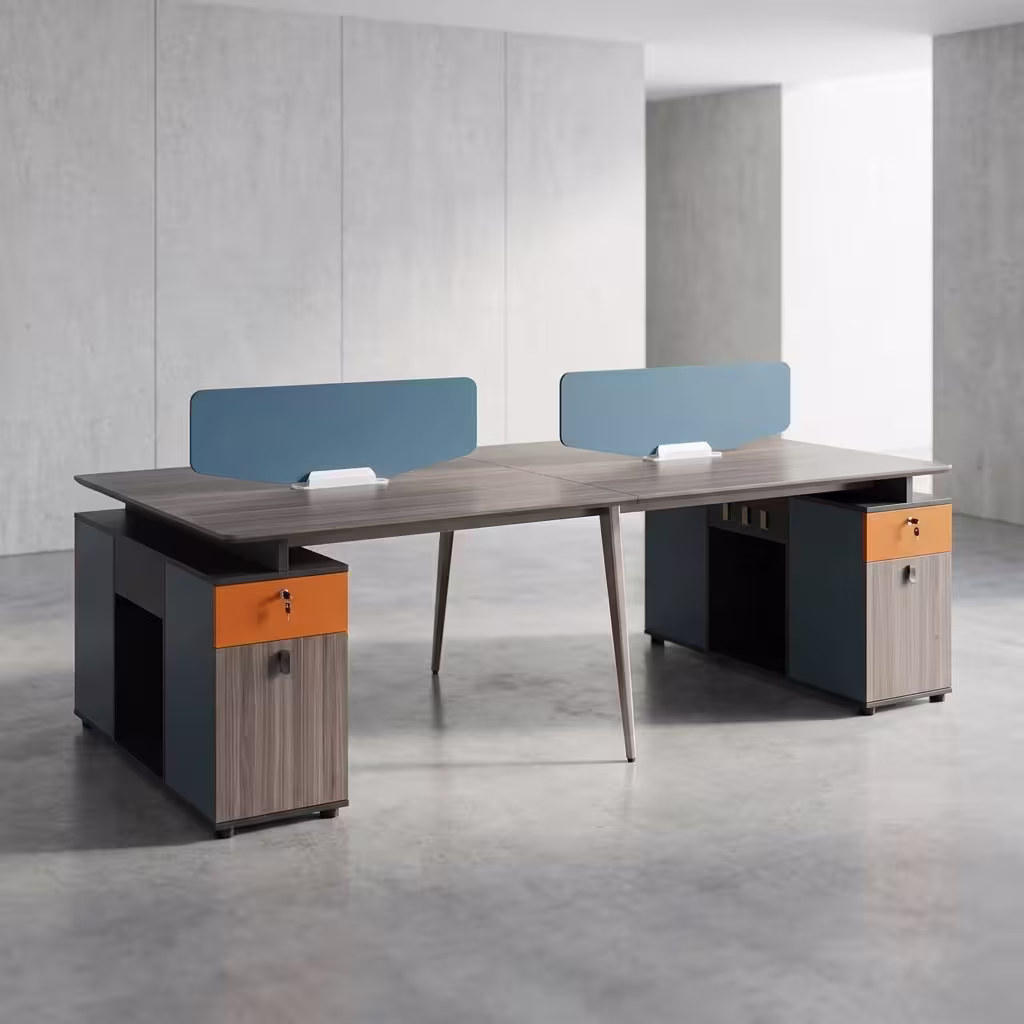 4 Way Modern Workstation featuring a 4-person desk configuration with wood grain finish tabletops, fabric privacy panels, and a central steel leg frame.