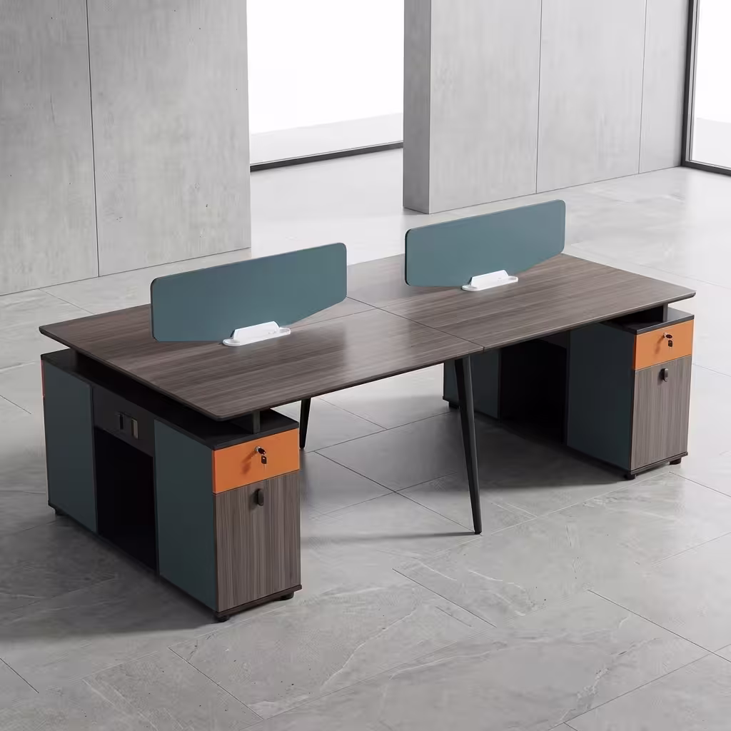 4 Way Modern Workstation featuring a 4-person desk configuration with wood grain finish tabletops, fabric privacy panels, and a central steel leg frame.