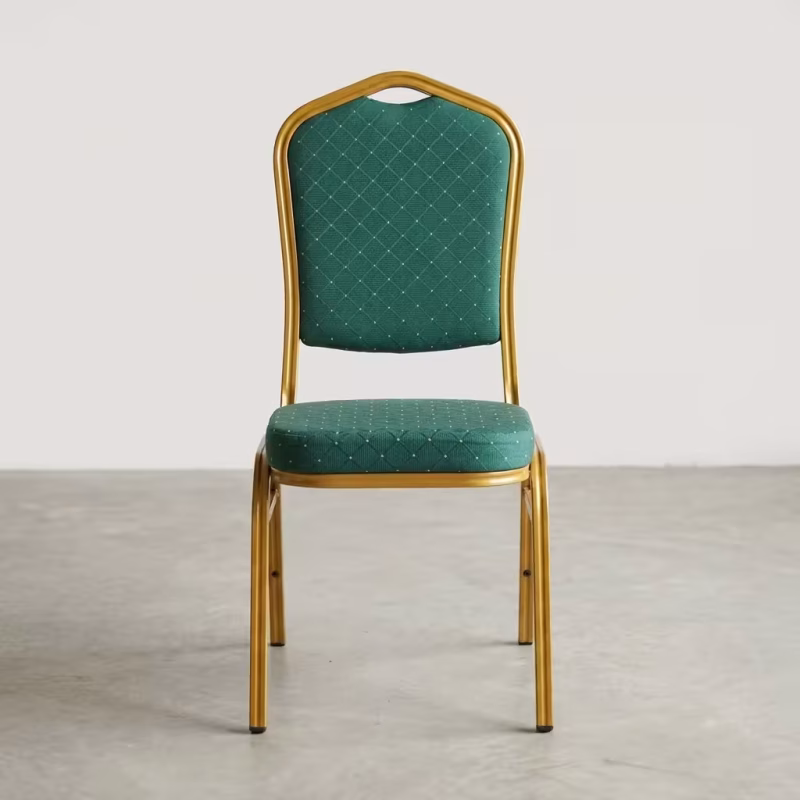 Green Gold Banquet Chair featuring a vibrant forest green fabric upholstered seat and crown backrest, supported by a metallic gold powder-coated steel frame with floor glides