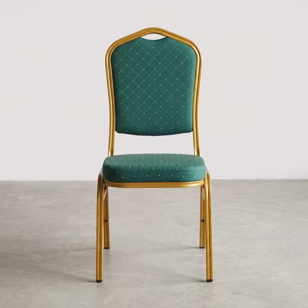 Green Gold Banquet Chair featuring a vibrant forest green fabric upholstered seat and crown backrest, supported by a metallic gold powder-coated steel frame with floor glides