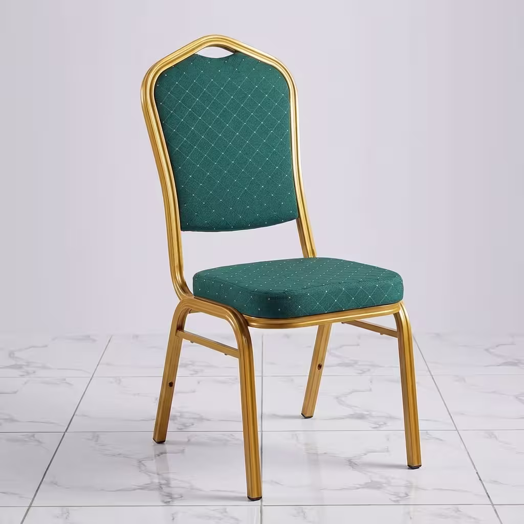 Green Gold Banquet Chair featuring a vibrant forest green fabric upholstered seat and crown backrest, supported by a metallic gold powder-coated steel frame with floor glides