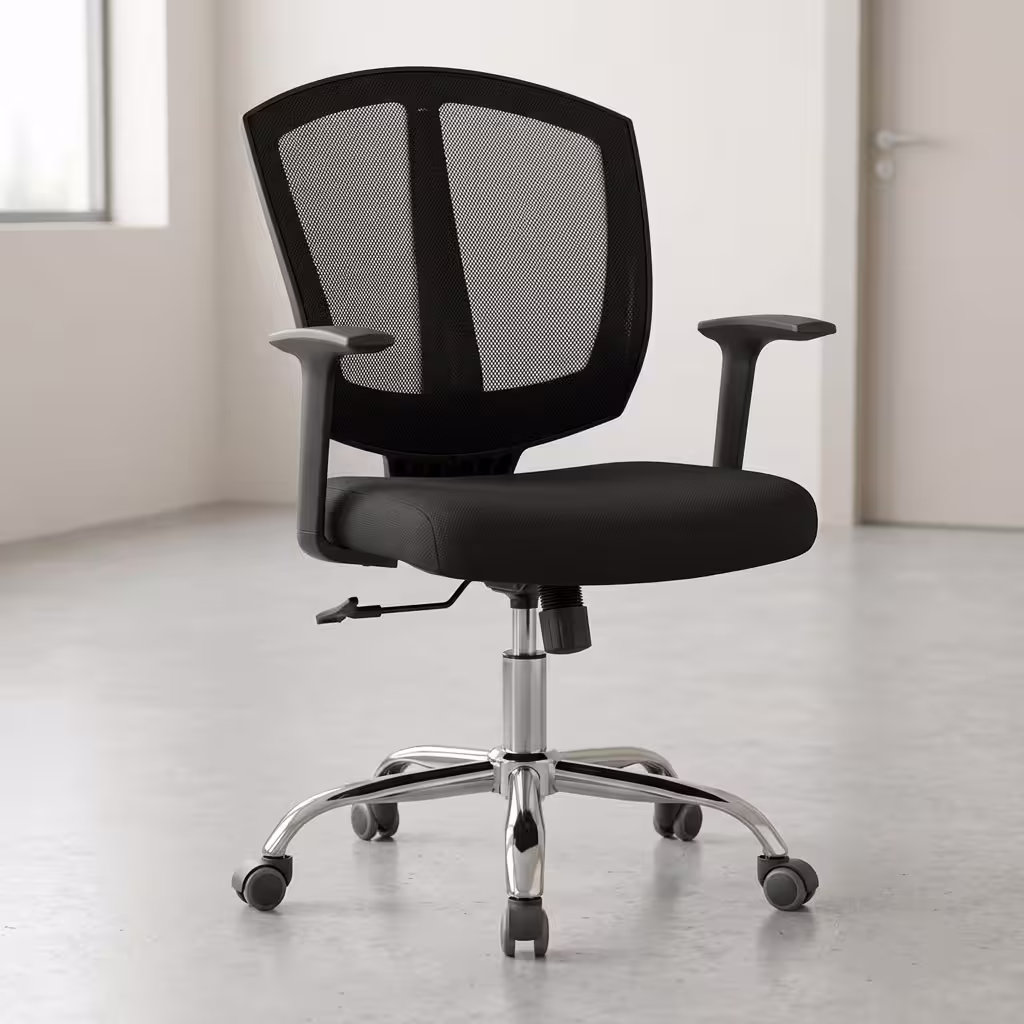 Ergonomic Mesh Chair featuring a tall black mesh backrest with an adjustable headrest, padded multi-directional armrests, and a 5-star wheeled base