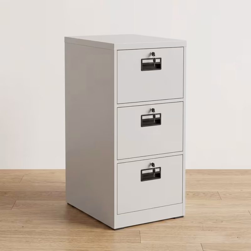 Lockable 3 Drawer Document Cabinet featuring a matte gray powder-coated steel frame, three spacious pull-out drawers with recessed handles, and a top-drawer key lock