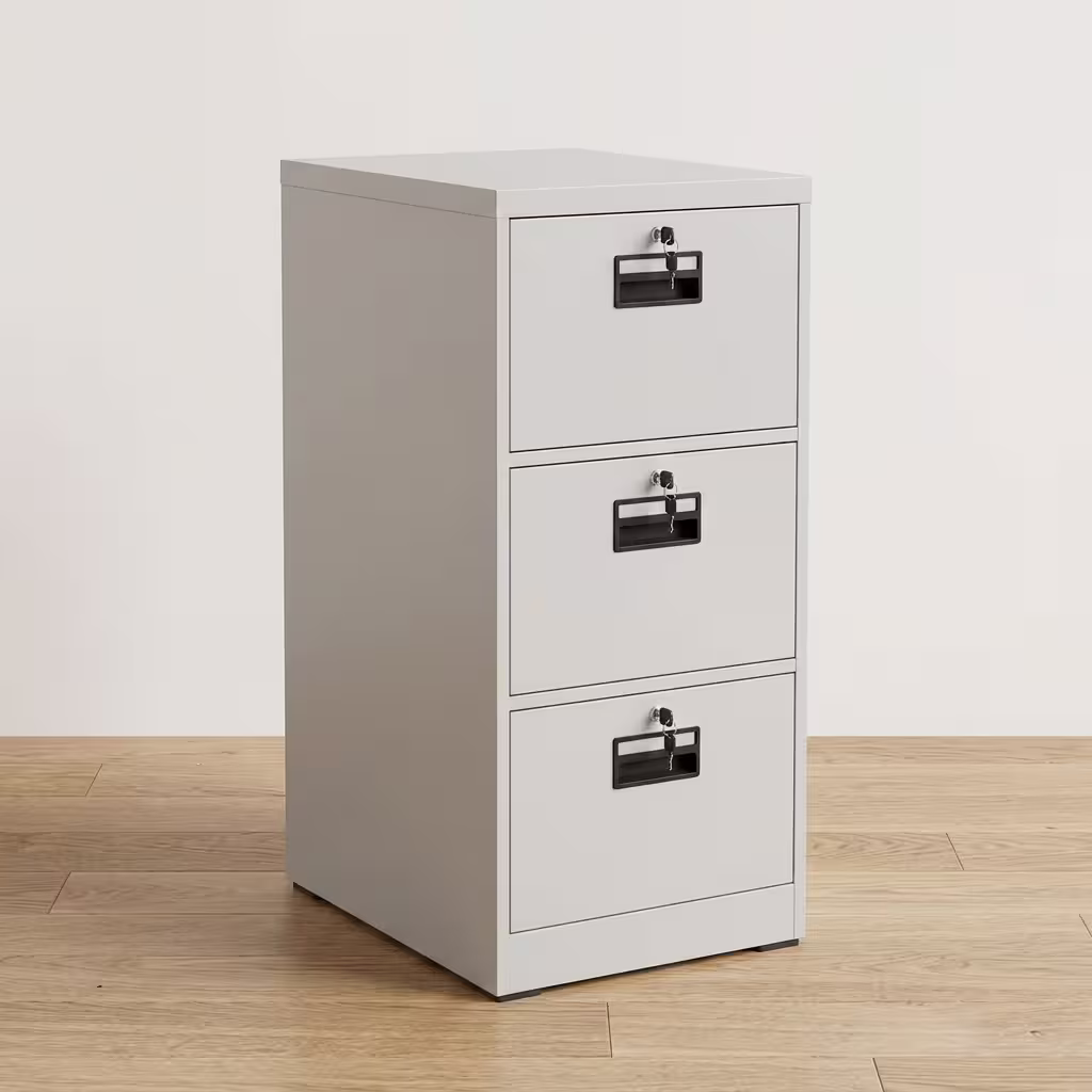 Lockable 3 Drawer Document Cabinet featuring a matte gray powder-coated steel frame, three spacious pull-out drawers with recessed handles, and a top-drawer key lock