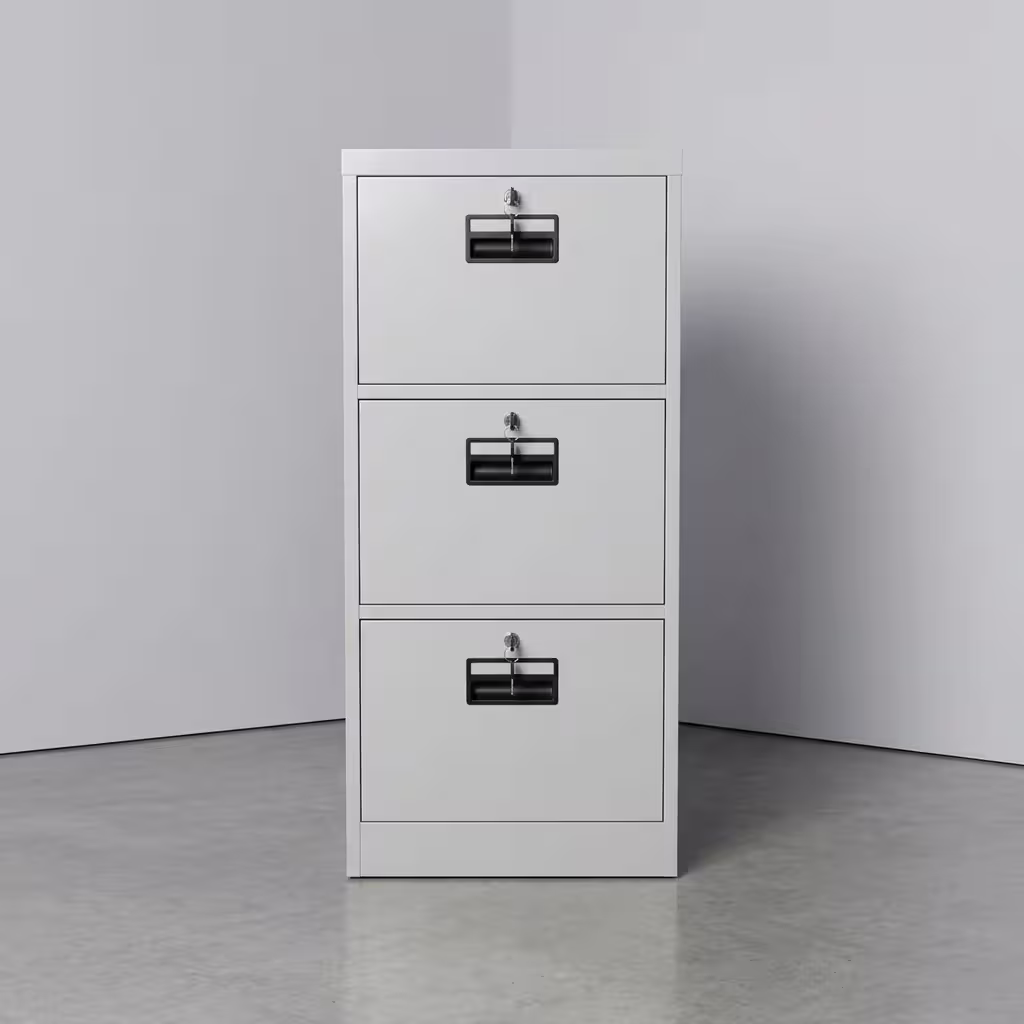 Lockable 3 Drawer Document Cabinet featuring a matte gray powder-coated steel frame, three spacious pull-out drawers with recessed handles, and a top-drawer key lock