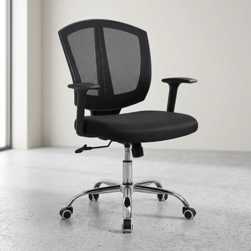 Ergonomic Mesh Chair featuring a tall black mesh backrest with an adjustable headrest, padded multi-directional armrests, and a 5-star wheeled base