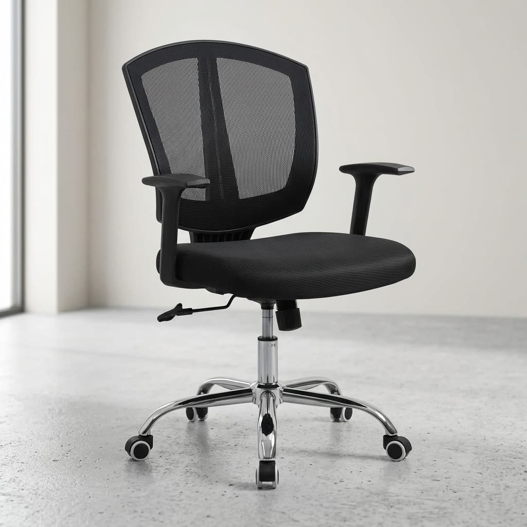 Ergonomic Mesh Chair featuring a tall black mesh backrest with an adjustable headrest, padded multi-directional armrests, and a 5-star wheeled base