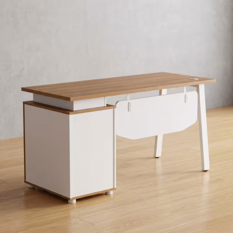 1.4M Contemporary Corporate Executive Desk featuring a sleek, minimalist natural wood-grain 1.4-meter top surface, supported by a matte black geometric steel frame and a matching side return cabinet