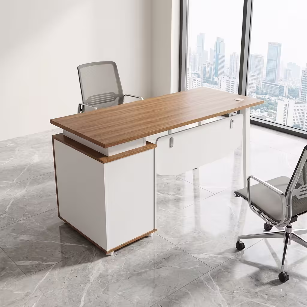 1.4M Contemporary Corporate Executive Desk featuring a sleek, minimalist natural wood-grain 1.4-meter top surface, supported by a matte black geometric steel frame and a matching side return cabinet