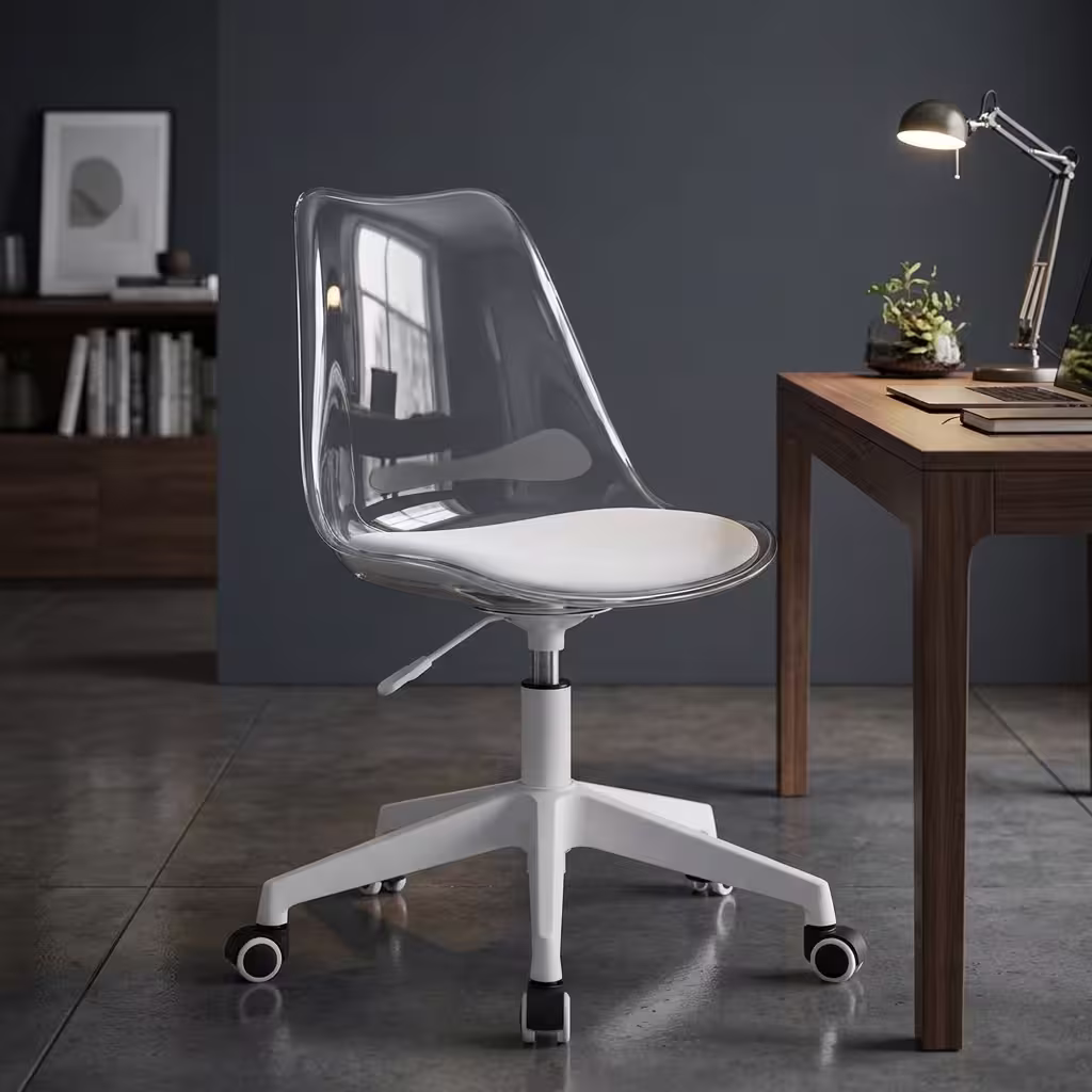 Ergonomic Transparent Computer Chair featuring a clear contoured acrylic seat and backrest, chrome accents, and a 5-star polished chrome wheeled base