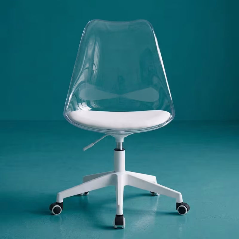 Ergonomic Transparent Computer Chair featuring a clear contoured acrylic seat and backrest, chrome accents, and a 5-star polished chrome wheeled base