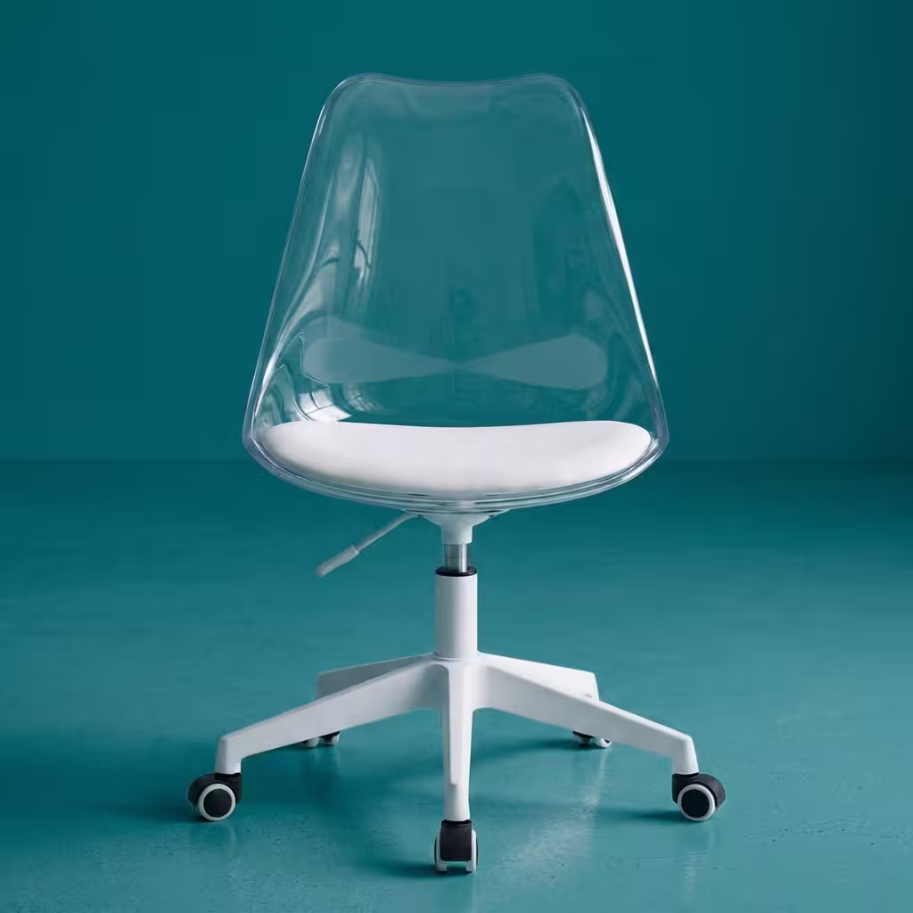 Ergonomic Transparent Computer Chair featuring a clear contoured acrylic seat and backrest, chrome accents, and a 5-star polished chrome wheeled base