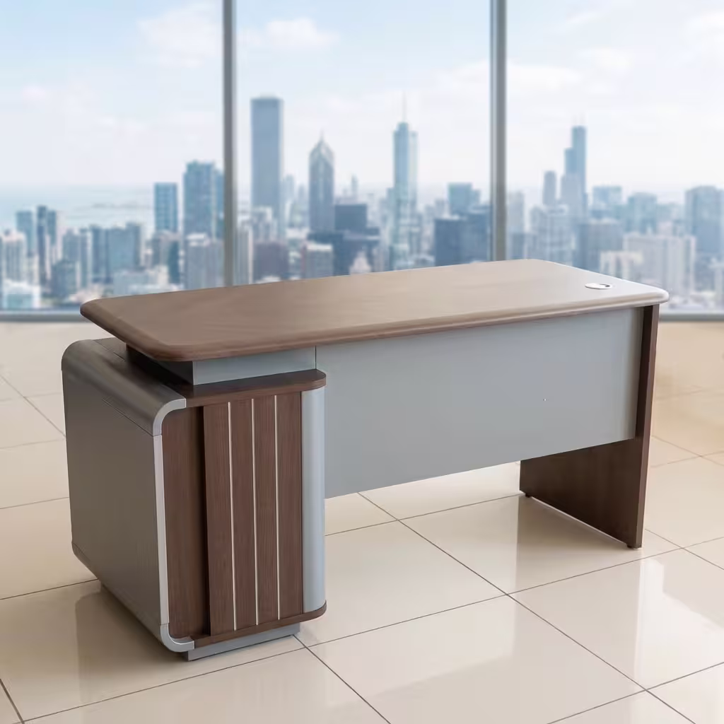 1.2M Executive Desk With Storage featuring a sleek natural wood-grain 1.2-meter top surface, supported by matte grey side panel legs and an integrated 3-drawer pedestal.