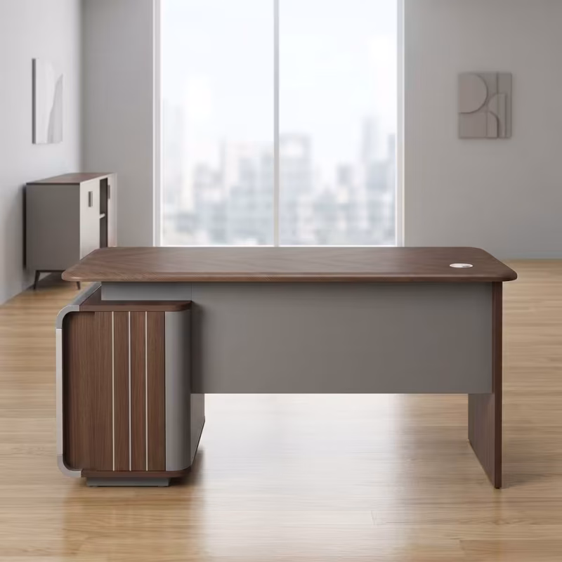 1.2M Executive Desk With Storage featuring a sleek natural wood-grain 1.2-meter top surface, supported by matte grey side panel legs and an integrated 3-drawer pedestal.