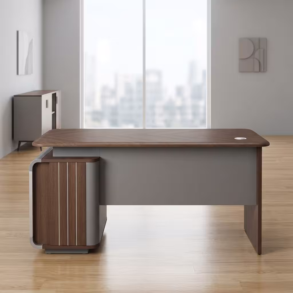 1.2M Executive Desk With Storage featuring a sleek natural wood-grain 1.2-meter top surface, supported by matte grey side panel legs and an integrated 3-drawer pedestal.