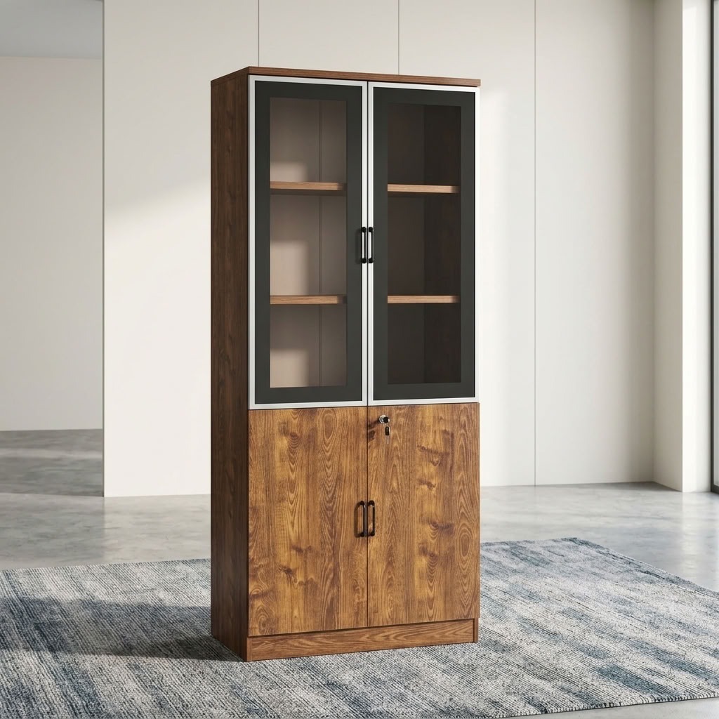 Luxury Walnut Executive Wooden Filing Cabinet with upper silver-framed glass display doors holding books and binders, and lower double lockable wooden cupboard on an ornate rug in an executive office suite