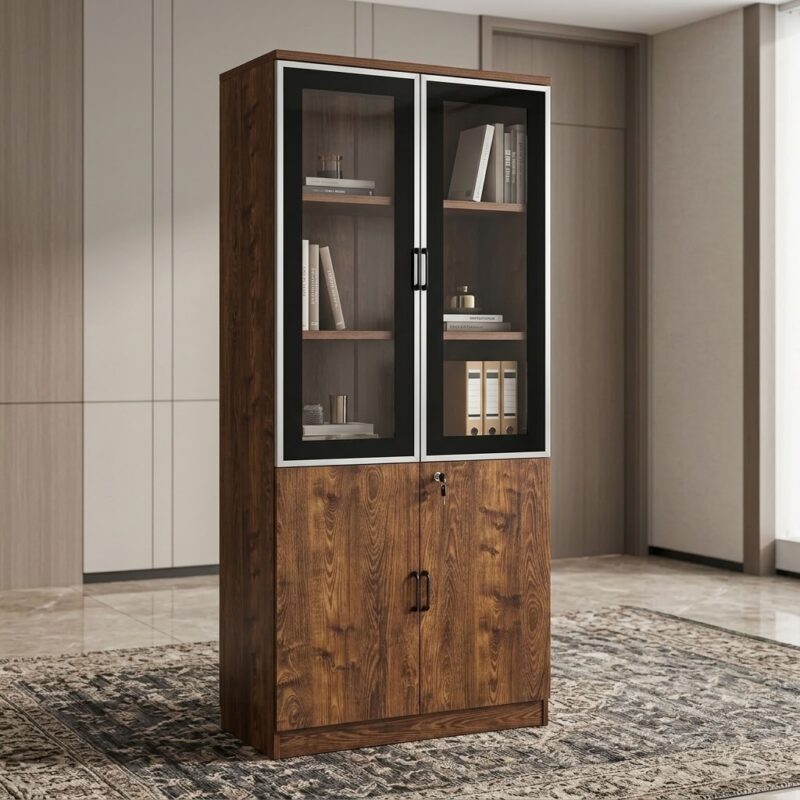 Luxury Walnut Executive Wooden Filing Cabinet with upper silver-framed glass display doors holding books and binders, and lower double lockable wooden cupboard on an ornate rug in an executive office suite