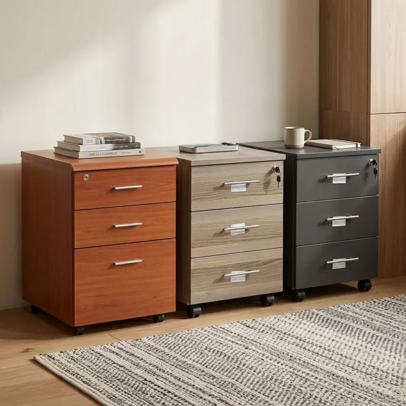Premium 3-Drawer Wooden Mobile Office Filing Pedestals shown in cherry wood, light oak, and charcoal grey finishes on a grey textured carpet.