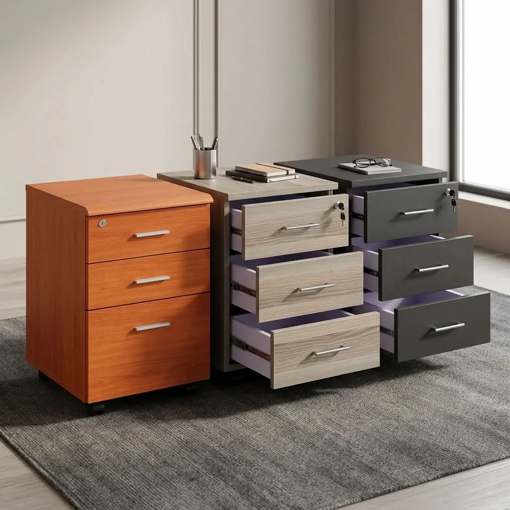 Premium 3-Drawer Wooden Mobile Office Filing Pedestals shown in cherry wood, light oak, and charcoal grey finishes on a grey textured carpet.