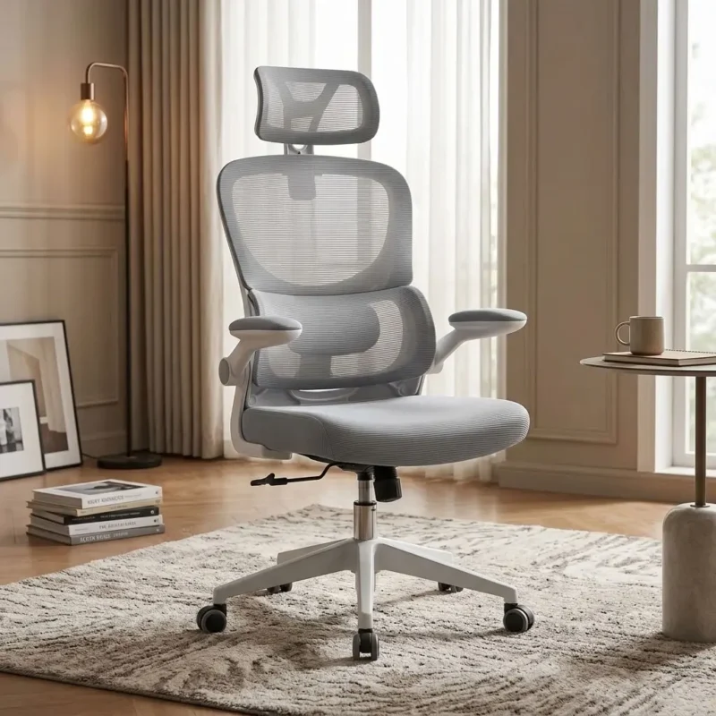 : High-Back Ergonomic Light Grey Mesh Executive Office Chair with adjustable headrest, flip-up armrests, and dynamic lumbar support on a light textured rug in a modern office room.