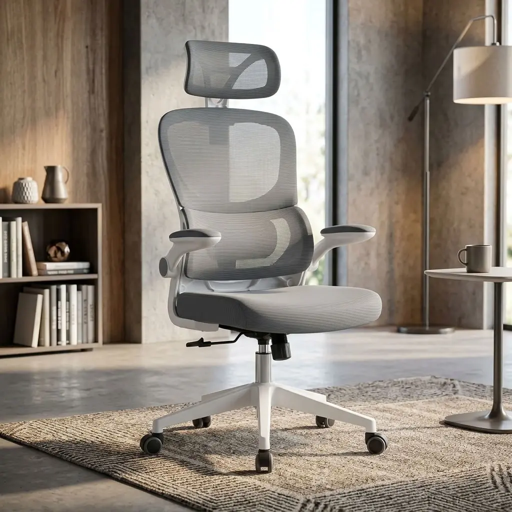 : High-Back Ergonomic Light Grey Mesh Executive Office Chair with adjustable headrest, flip-up armrests, and dynamic lumbar support on a light textured rug in a modern office room.
