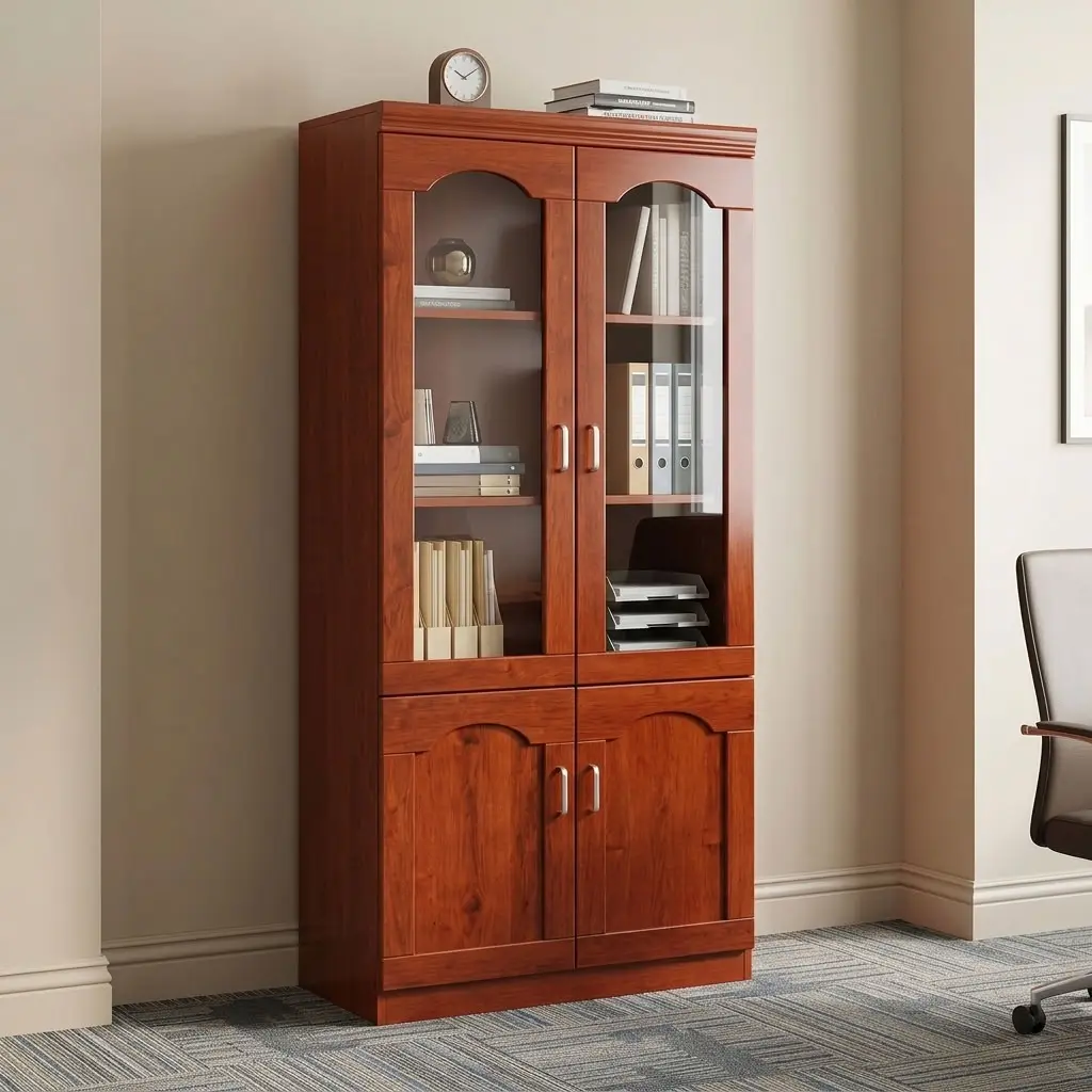 Luxury Mahogany Executive Wooden Office Bookcase Cabinet with upper arched glass display doors and lower double wooden doors on carpet inside an executive office.