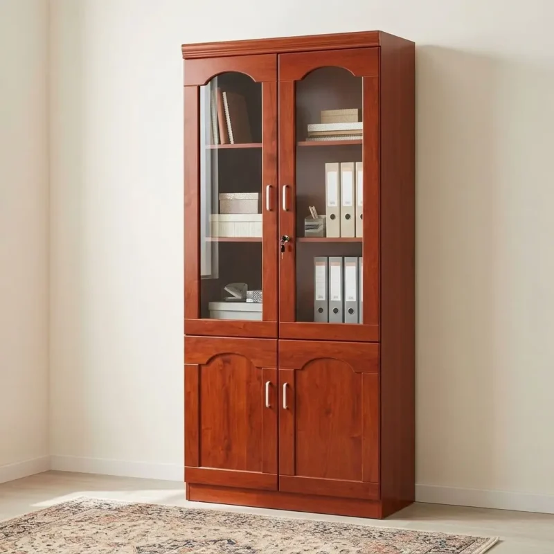 Luxury Mahogany Executive Wooden Office Bookcase Cabinet with upper arched glass display doors and lower double wooden doors on carpet inside an executive office.