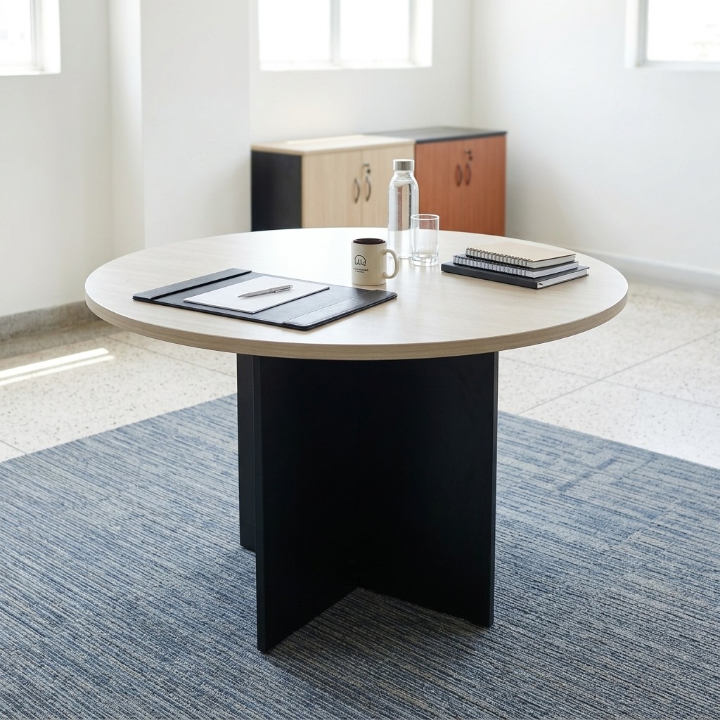 Modern Circular Executive Meeting Table with light oak round tabletop and black cross-panel base in a bright corporate office setting.