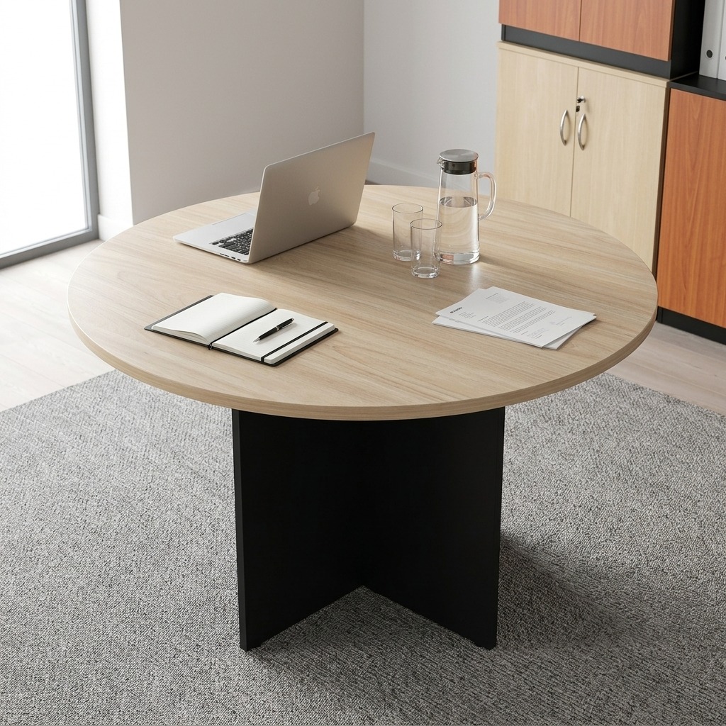 Modern Circular Executive Meeting Table with light oak round tabletop and black cross-panel base in a bright corporate office setting.
