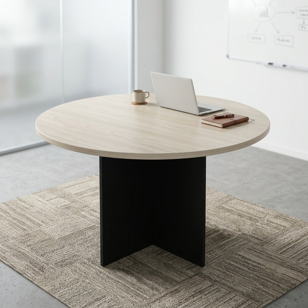 Modern Circular Executive Meeting Table with light oak round tabletop and black cross-panel base in a bright corporate office setting.