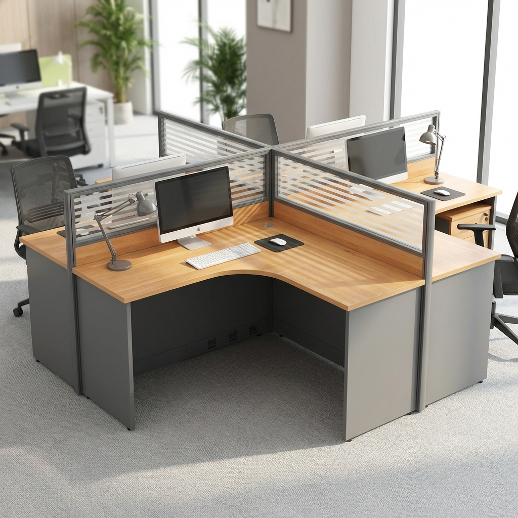 Alt Text: Premium 4-Way Modular L-Shaped Office Workstation Cluster featuring natural oak desktops, dark grey frame, and frosted glass privacy partitions in a modern open-plan office.