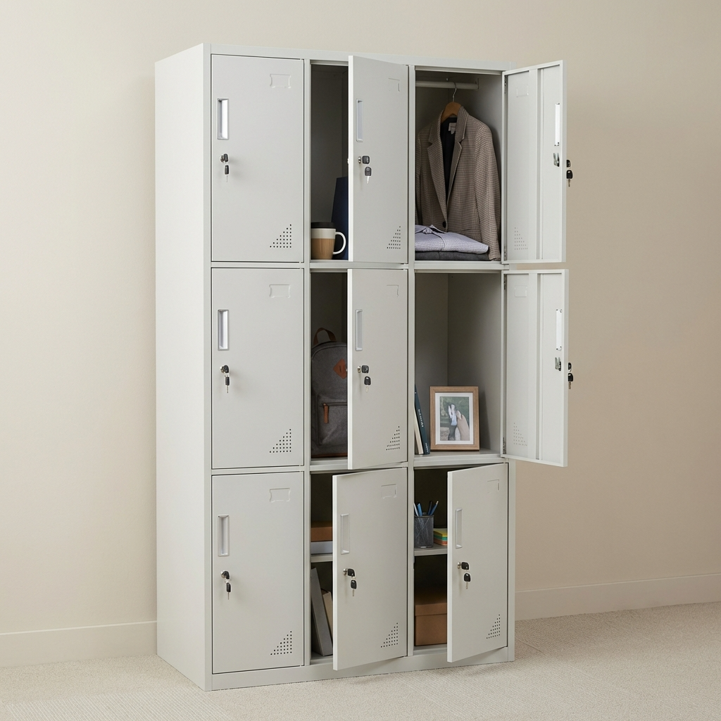 Alt Text: Premium 9-Door Heavy-Duty Steel Office Locker Cabinet in light grey powder-coated finish with key locks, ventilation slots, and recessed handles in a modern office room.
