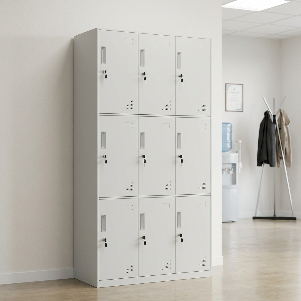 Premium 9-Door Heavy-Duty Steel Office Locker Cabinet in light grey powder-coated finish with key locks, ventilation slots, and recessed handles in a modern office room.