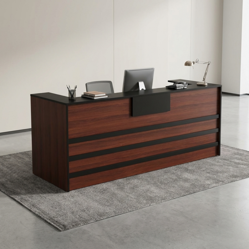 t Text: Modern Executive 2-Person Reception Desk Counter in dark walnut wood finish with matte black transaction counter top and horizontal accent trim in a corporate office lobby.
