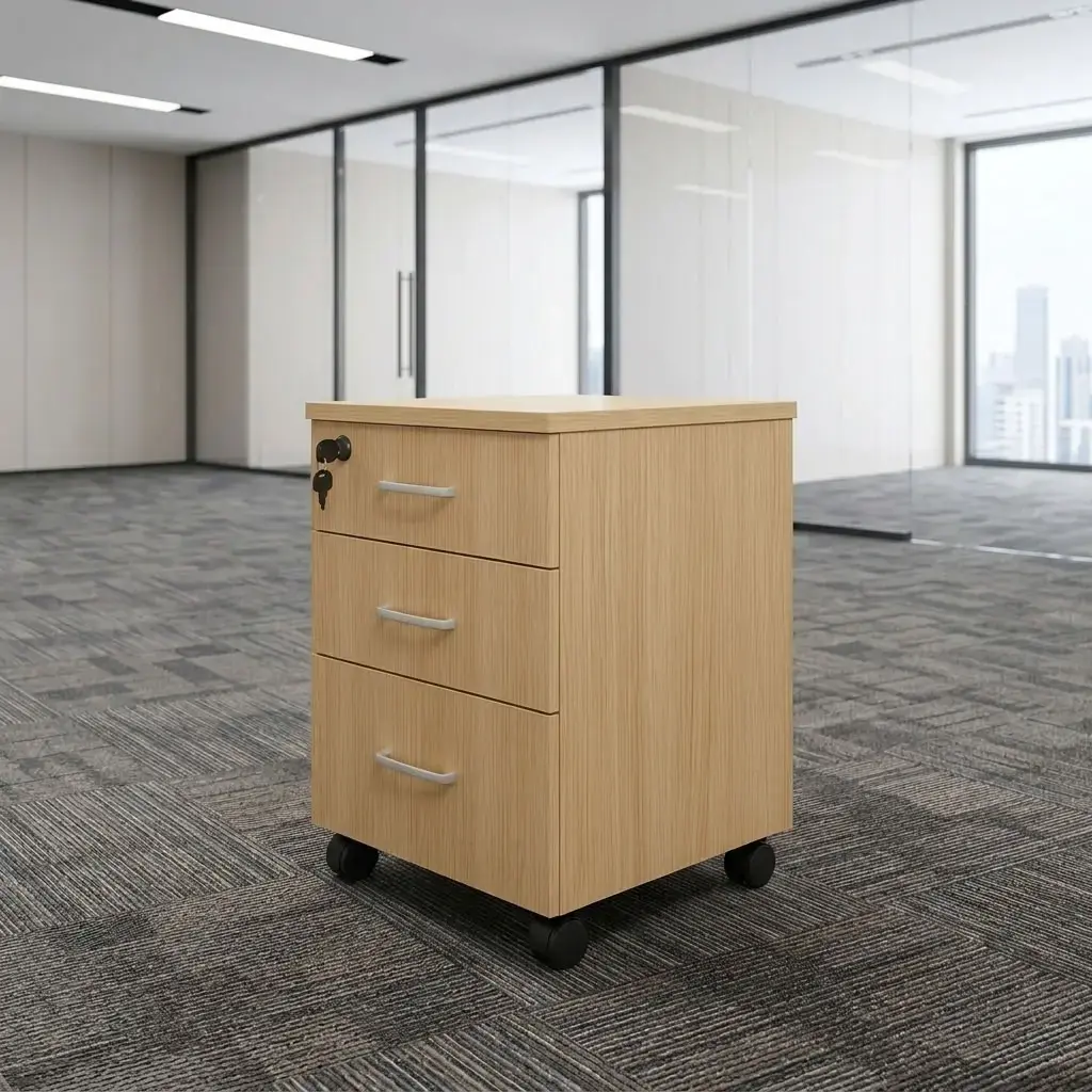 Premium 3-Drawer Mobile Locking Office Filing Pedestal in walnut brown and light grey wood finishes on casters inside a modern glass-partitioned corporate office.