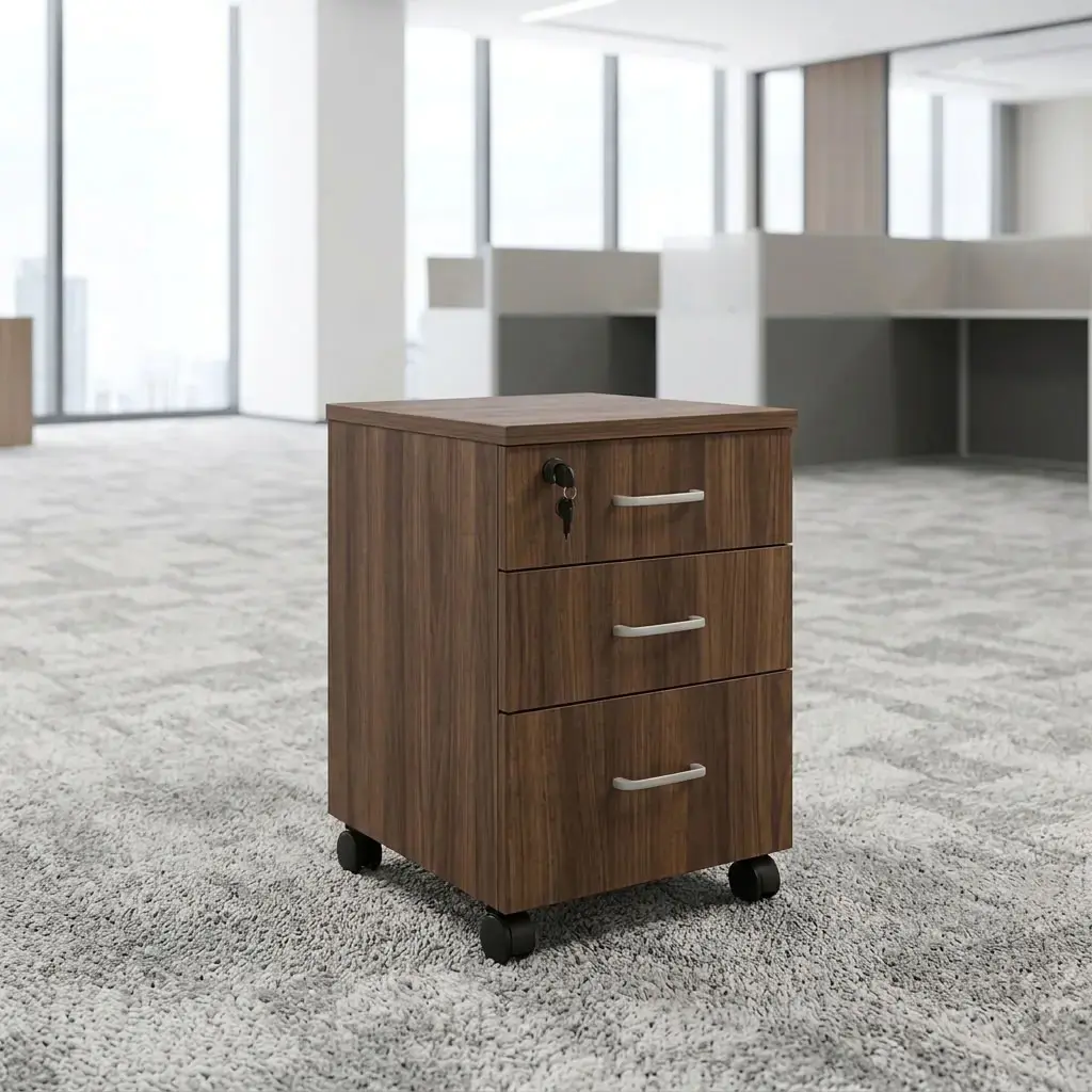 Premium 3-Drawer Mobile Locking Office Filing Pedestal in walnut brown and light grey wood finishes on casters inside a modern glass-partitioned corporate office.