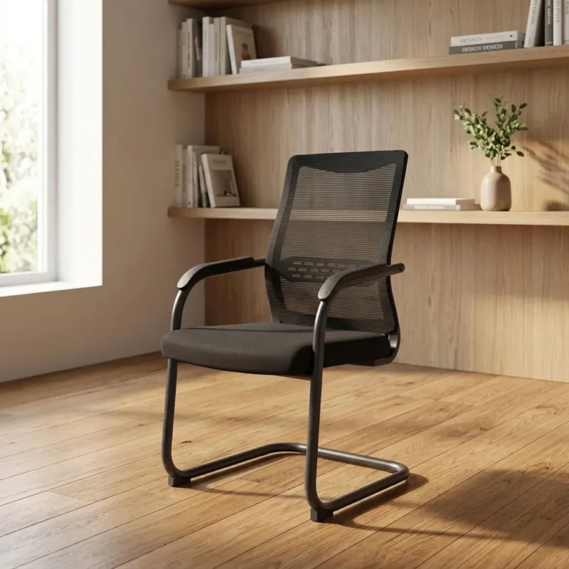 Provide your guests, clients, and meeting attendees with executive comfort using our Modern Black Mesh Visitor Chair. Ideal for corporate reception areas, executive visitor desks, conference rooms, and home study suites, this sleek side chair combines contemporary design with all-day ergonomic support. Breathable Mesh Back & Ergonomic Lumbar Support Crafted with high-tension black mesh upholstery, the backrest ensures continuous air circulation to keep users cool and fresh during meetings. Built-in lower lumbar support cradles the lower spine, while a plush fabric cushion offers comfortable seating support for extended periods. Heavy-Duty Sled Base & Integrated Armrests Built on a durable matte black steel cantilever sled frame, this chair delivers dependable stability with a subtle, comfortable flex action. Fixed curved armrests with smooth padding give added arm support, while non-marring floor glides on the base protect office floors and carpets from scuffs and scratches. Key Features: Cooling Breathable Mesh: Premium mesh backrest maintains airflow to keep visitors comfortable. Built-In Lumbar Support: Contoured mid-back frame supports natural spinal alignment. Matte Black Cantilever Frame: Heavy-gauge tubular steel sled base ensures wobble-free strength. Padded Curved Armrests: Integrated arm supports offer comfortable upper-body relief. Floor-Safe Glides: Protective foot pads prevent skidding and guard floor surfaces against scratches. Ideal Applications Ideal for executive office guest seating, conference room setups, reception waiting lounges, legal consultation spaces, and home office visitor corners.