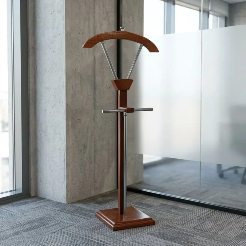 Executive wooden office suit valet stand in rich mahogany finish with contoured coat hanger, metal trouser bar, and square base in a modern workspace setting.